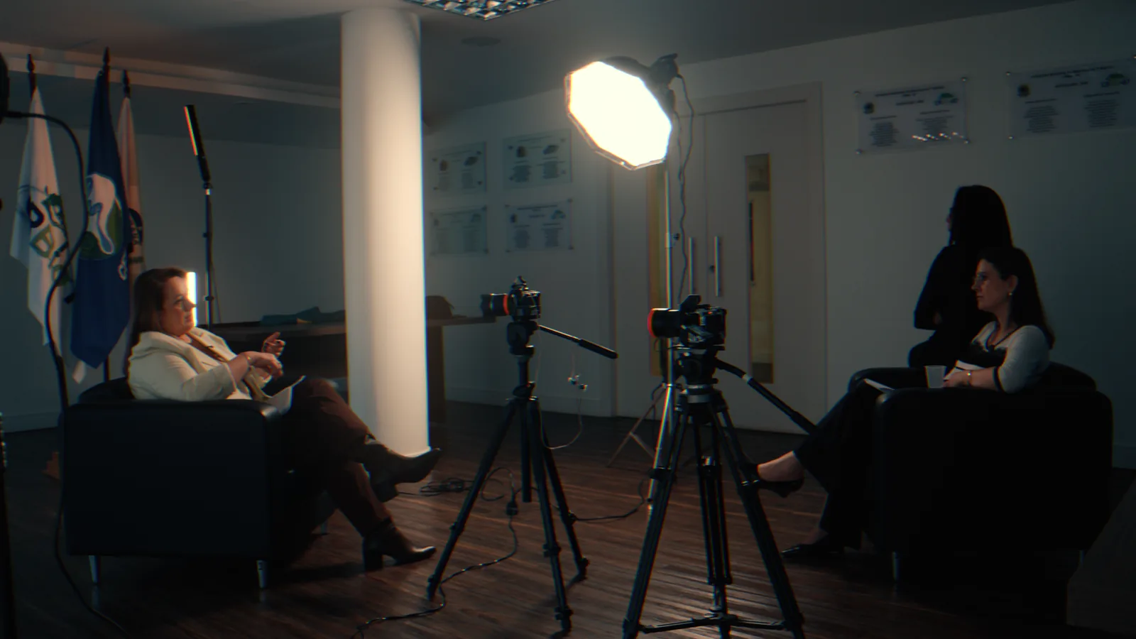 Estrutura de iluminação e câmeras preparada para uma entrevista